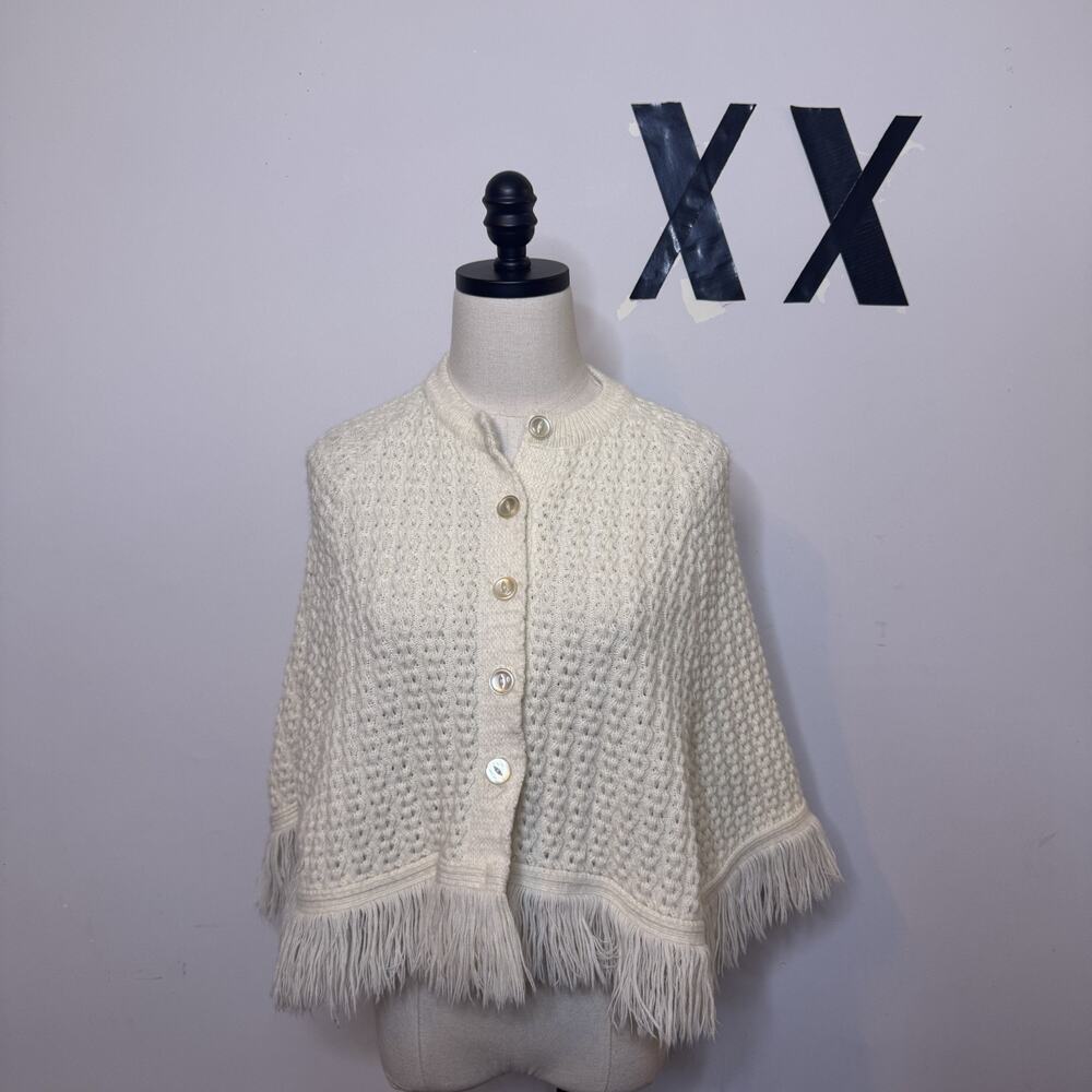 Vintage 60s Ivory Fringe Shawl Wrap Folk Boho XS S
